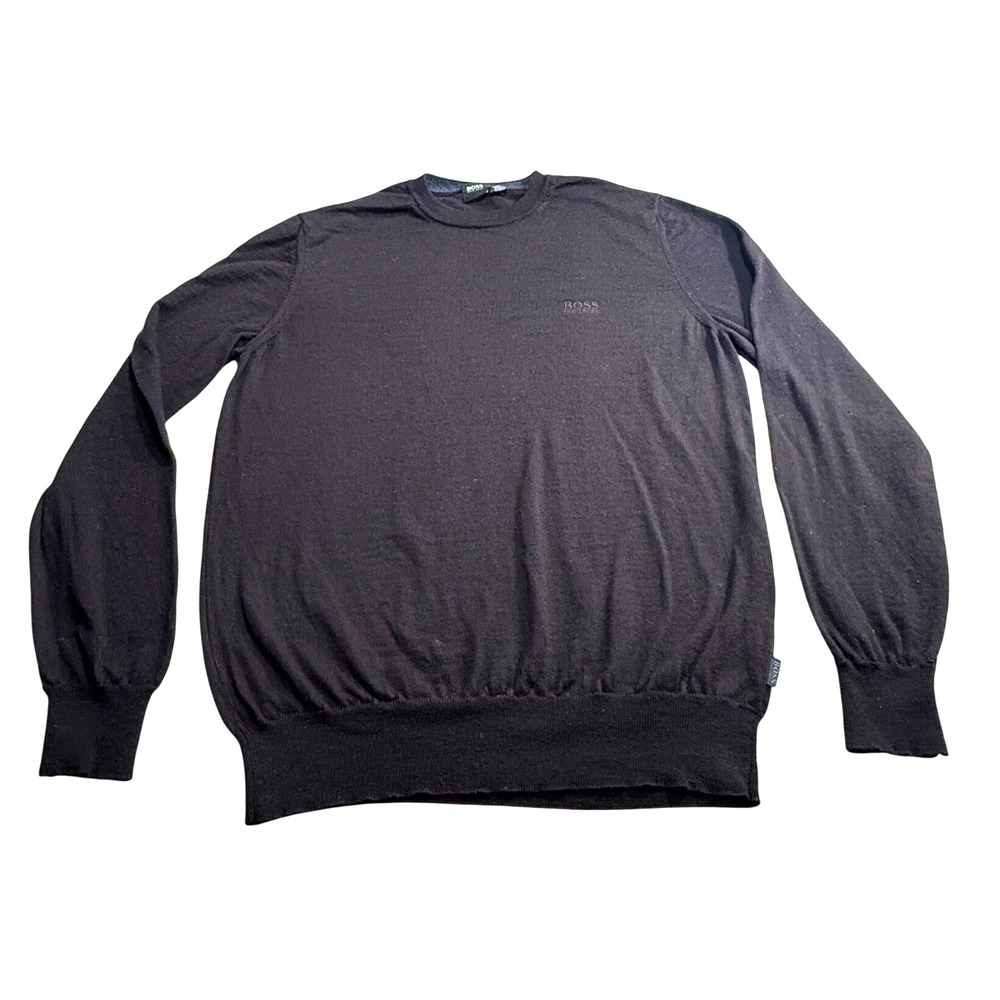 Hugo Boss Mens Wool Crew Neck Sweater Brown Logo Knit L